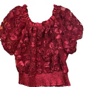 GRACIA  NWOT wine colored Top with floral appliqué all over vintage size M